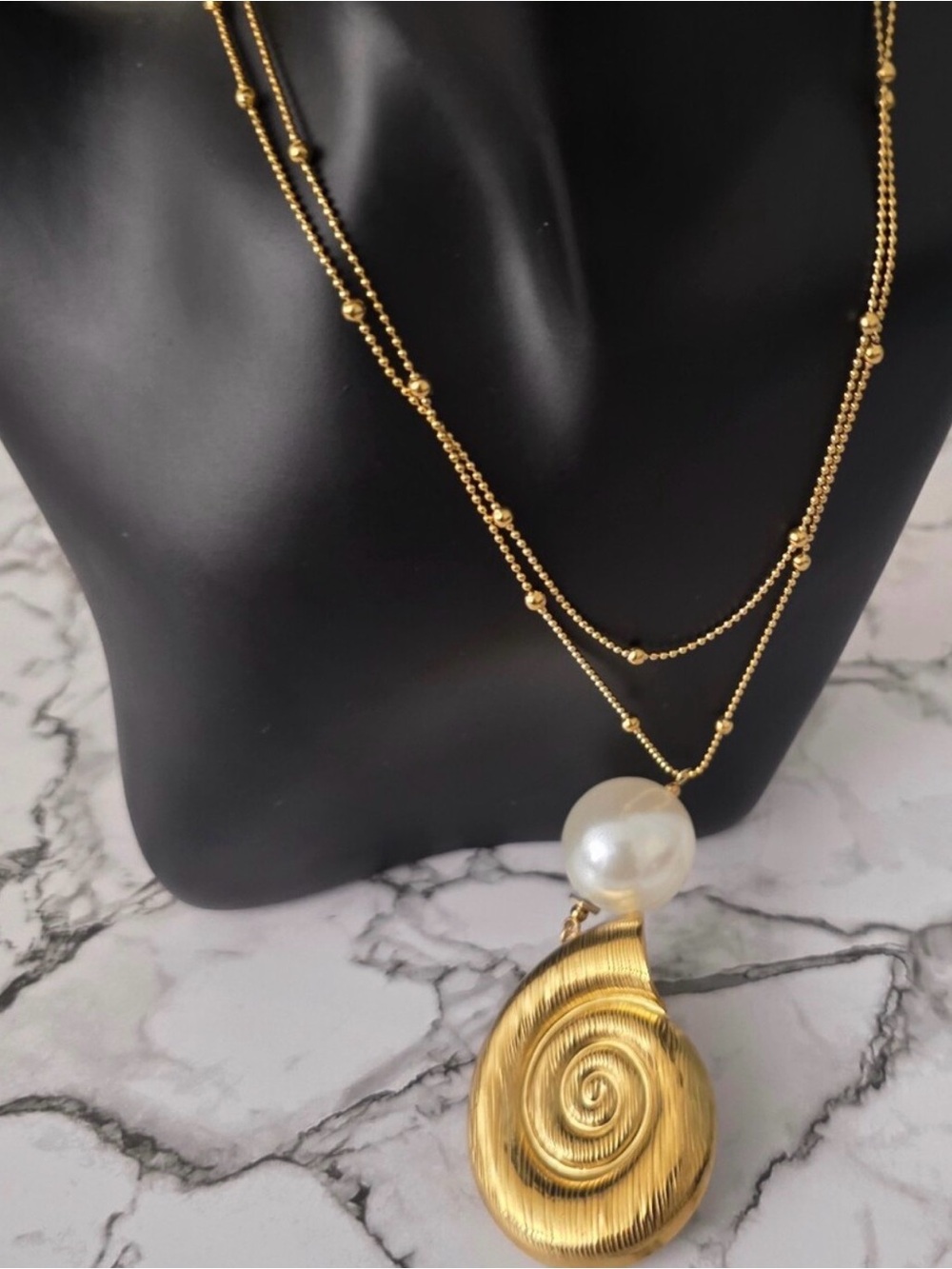 MAYAMAR Gold Spiral Shell Pendant Long Necklace with Pearl Drop NEW